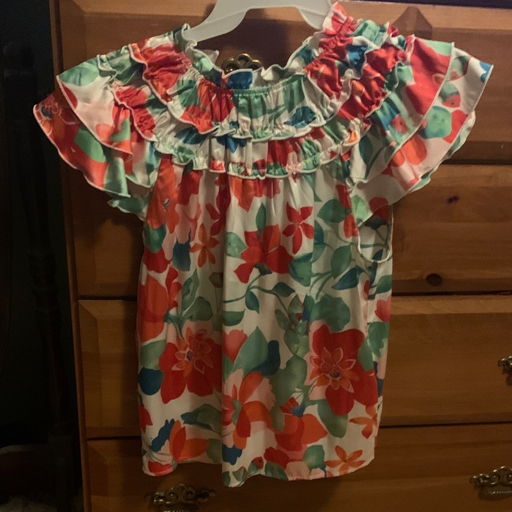 Women’s Floral Ruffle Off-Shoulder Top - Coral & Teal